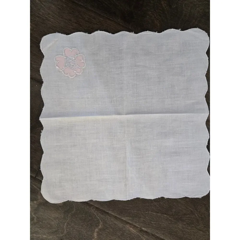Set of 4 Vintage Hand Embroidered Napkins Handkerchiefs White Pink Floral